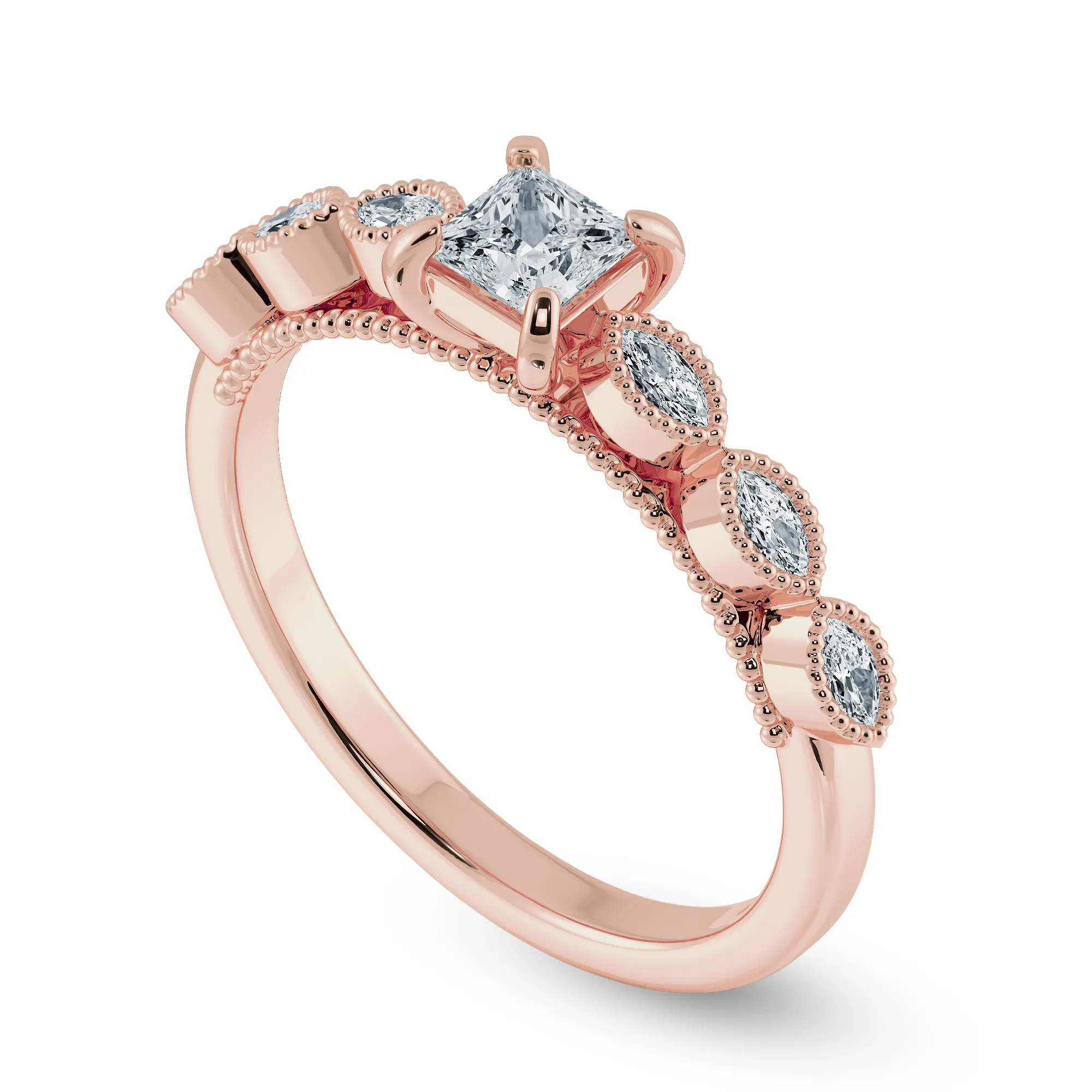 0.20cts. Princess Cut Solitaire with Marquise Diamond Accents 18K Rose Gold Ring JL AU 2012R-C