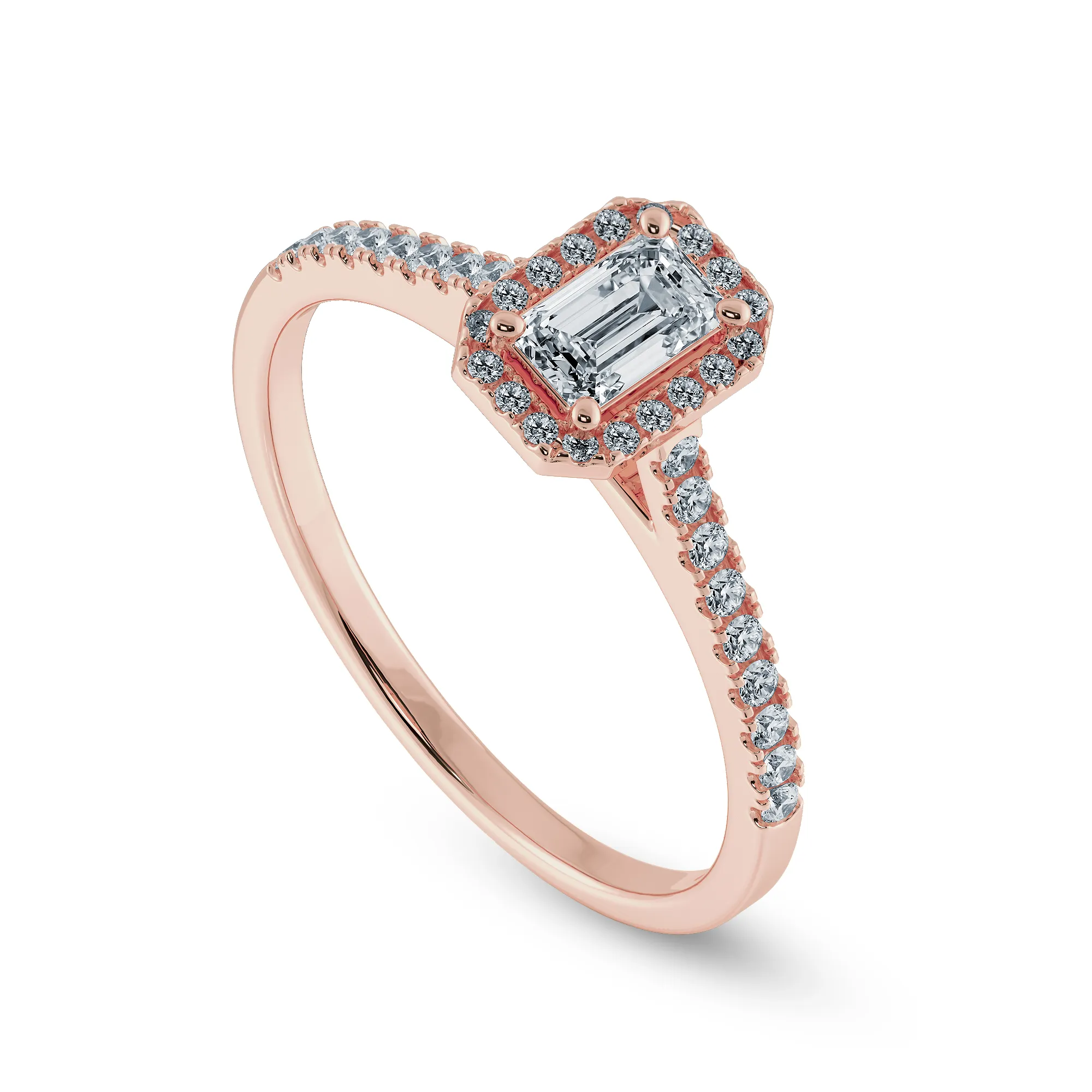 0.50cts. Emerald Cut Solitaire Halo Diamond Shank 18K Rose Gold Ring JL AU 1197R-A