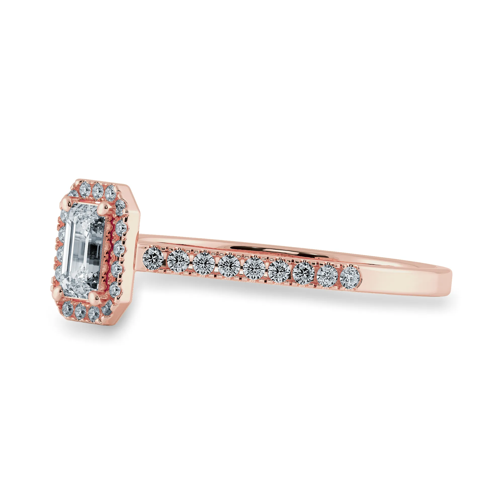 0.50cts. Emerald Cut Solitaire Halo Diamond Shank 18K Rose Gold Ring JL AU 1197R-A