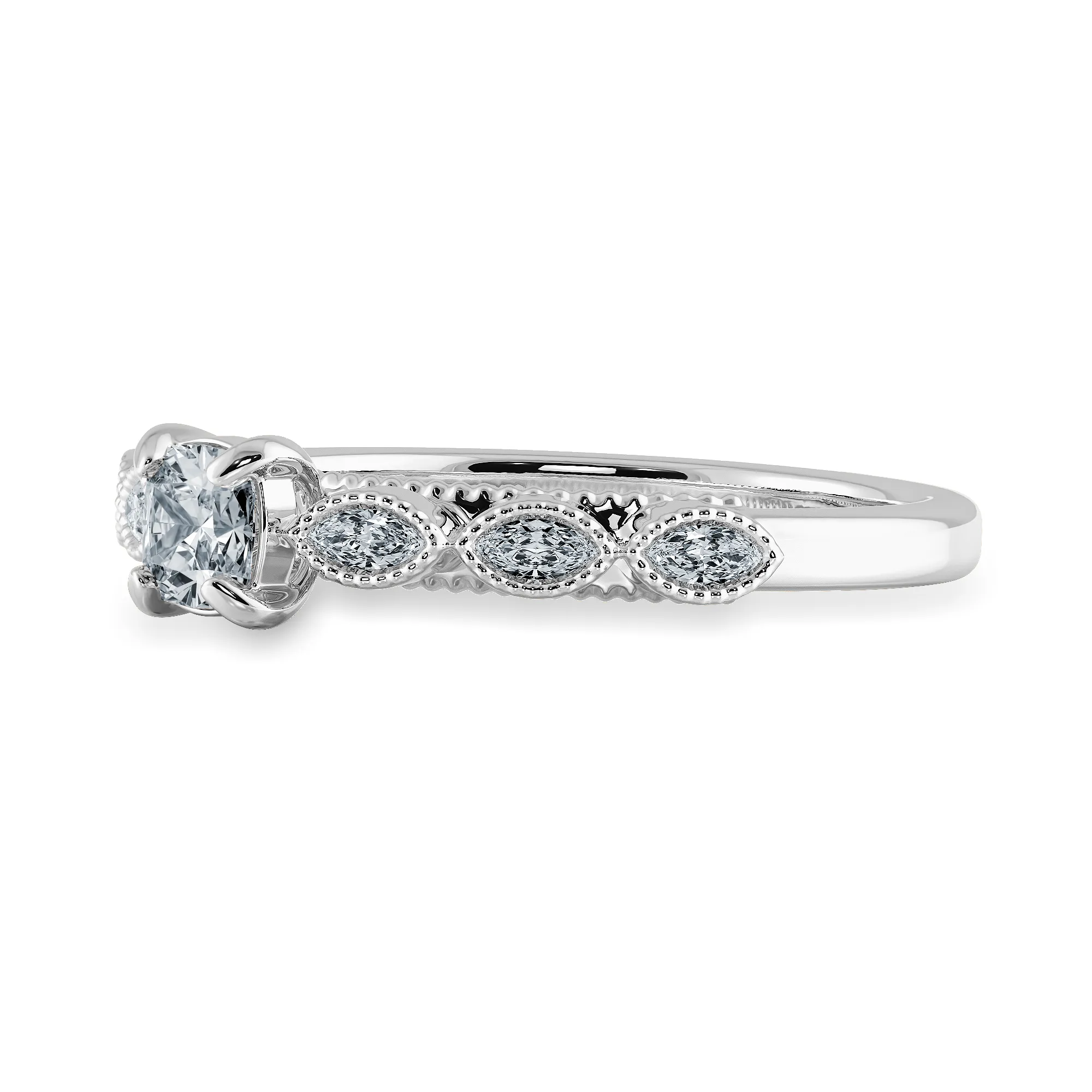 0.70cts. Cushion Cut Solitaire with Marquise Cut Diamond Accents Platinum Ring JL PT 2013-B