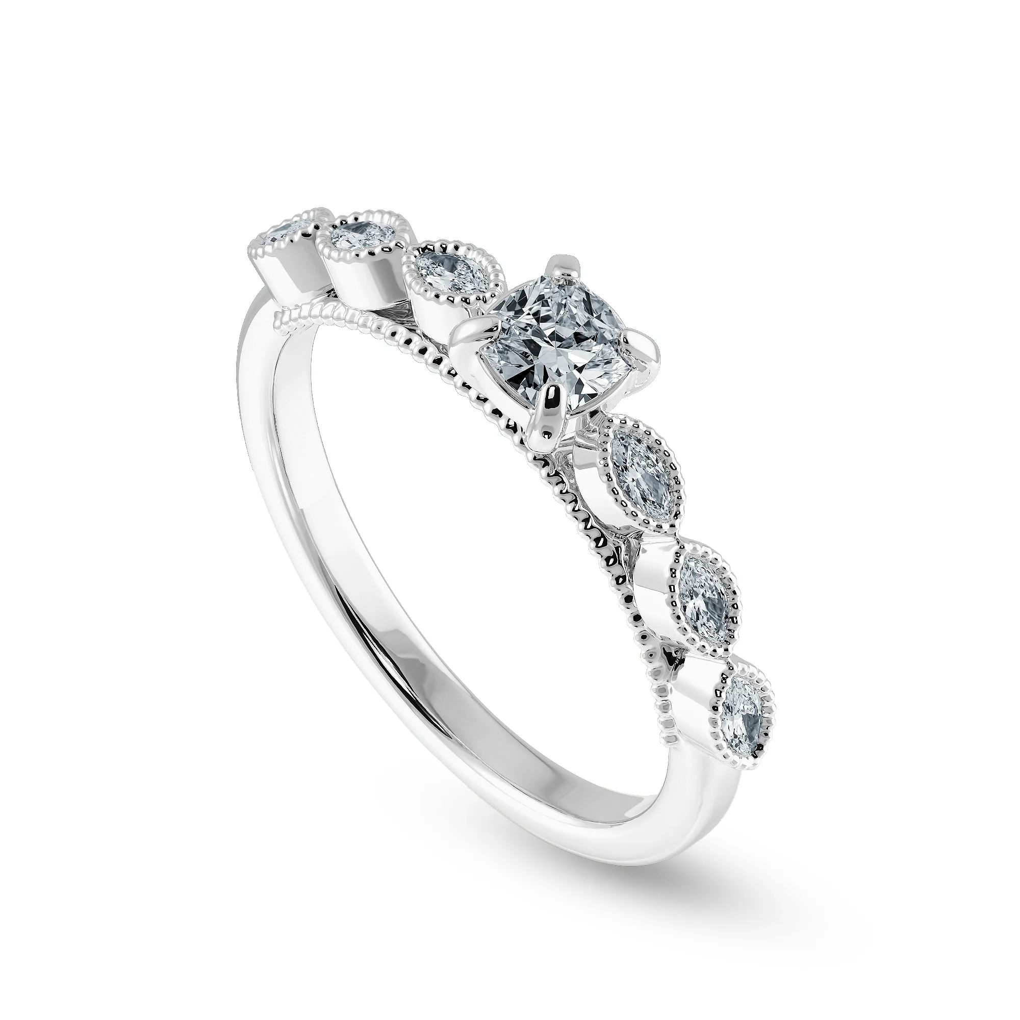 0.70cts. Cushion Cut Solitaire with Marquise Cut Diamond Accents Platinum Ring JL PT 2013-B