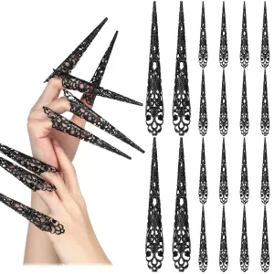20 Packs Halloween Finger Nail Claw Rings Ancient Queen Fingernail Metal Finger Knuckle Claw for Halloween Women Cosplay Costume Drama Dance Show(Black)