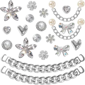 20 Pcs Bling Shoe Charms for Women, Plastic Rhinestone Flower Pearl Gems Shoe Charms, Sparkling Silver Shoe Chains, DIY Shoe Decoration Charms for Party Favors Birthday Party Accessories