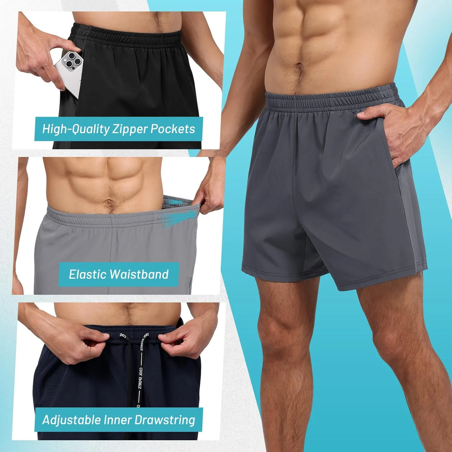 3 Pack Men's Gym Athletic Shorts - 5" Quick Dry Running Workout Shorts with Zipper Pockets for Casual Basketball