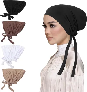 4 PCS Women Hijab Undercap, Turban Beanie Caps, Islamic Muslim Under Hijab Cap Inner UnderScarf Hat Hijab Cap with Tie Back Closure