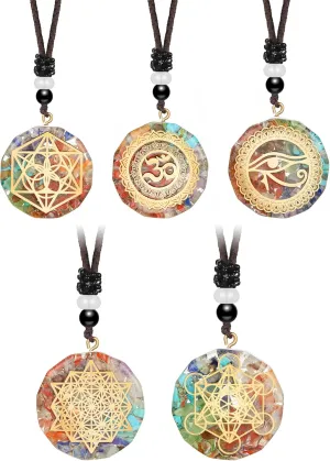 5 Pieces Chakra Necklace Orgonite Necklace Chakra Crystal Pendant Healing Necklace Energy Orgone Women Om Pendant Necklace for Women Men, 1.38 Inches