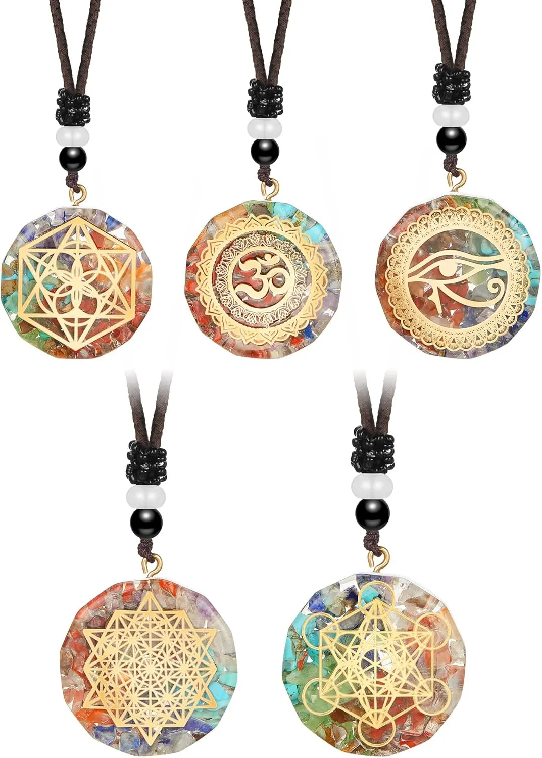 5 Pieces Chakra Necklace Orgonite Necklace Chakra Crystal Pendant Healing Necklace Energy Orgone Women Om Pendant Necklace for Women Men, 1.38 Inches