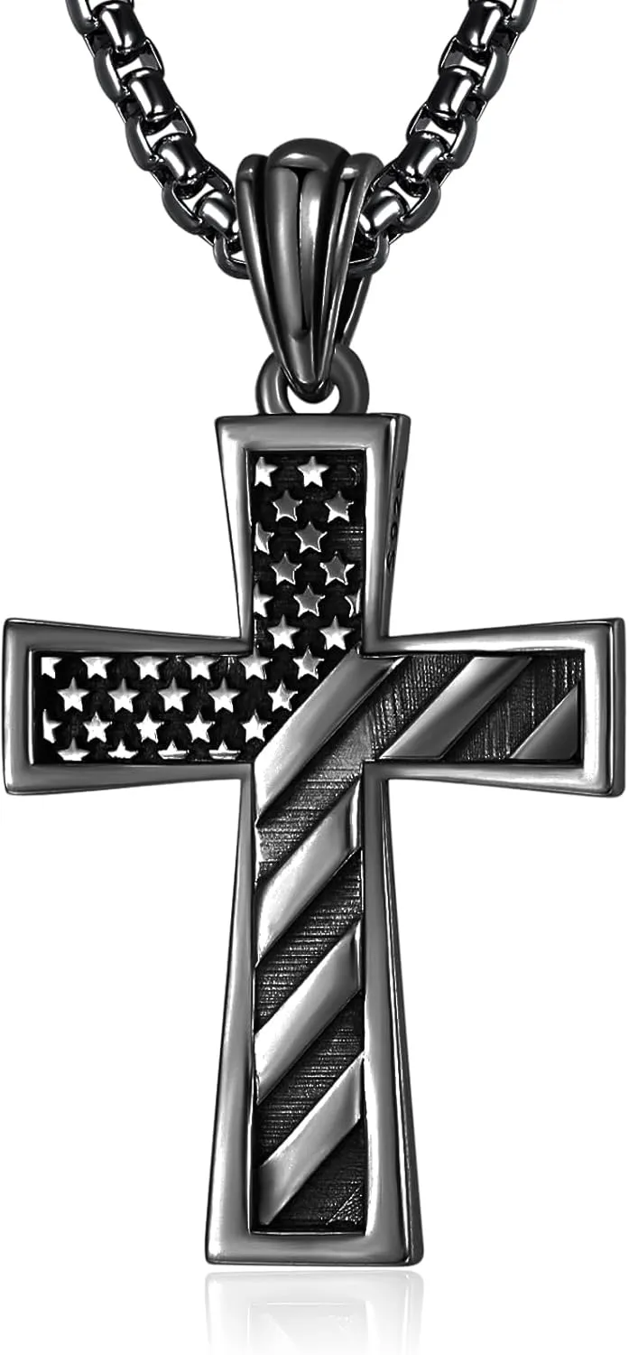 ADMETUS 925 Sterling Silver American Flag Cross Necklace, Graduation Patriotic Flag Day Father's Day, Protection Jewelry Religious Gifts for Men with 2.5mm 22" 2" Round Box Chain