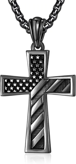 ADMETUS 925 Sterling Silver American Flag Cross Necklace, Graduation Patriotic Flag Day Father's Day, Protection Jewelry Religious Gifts for Men with 2.5mm 22" 2" Round Box Chain