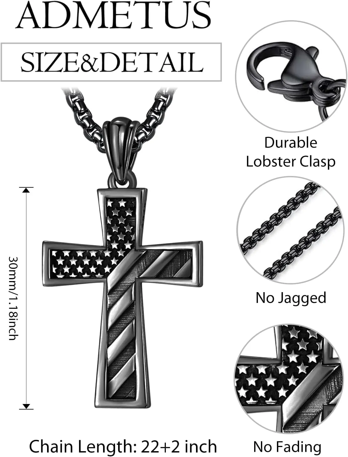 ADMETUS 925 Sterling Silver American Flag Cross Necklace, Graduation Patriotic Flag Day Father's Day, Protection Jewelry Religious Gifts for Men with 2.5mm 22" 2" Round Box Chain
