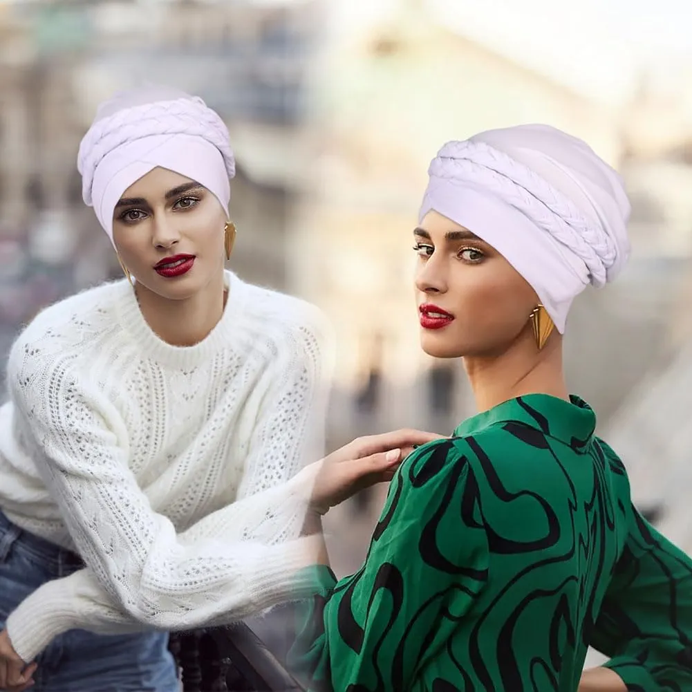 African Women Turban Caps Beanie Twist Headscarf Pre Tied Double Braid Headwrap Hat