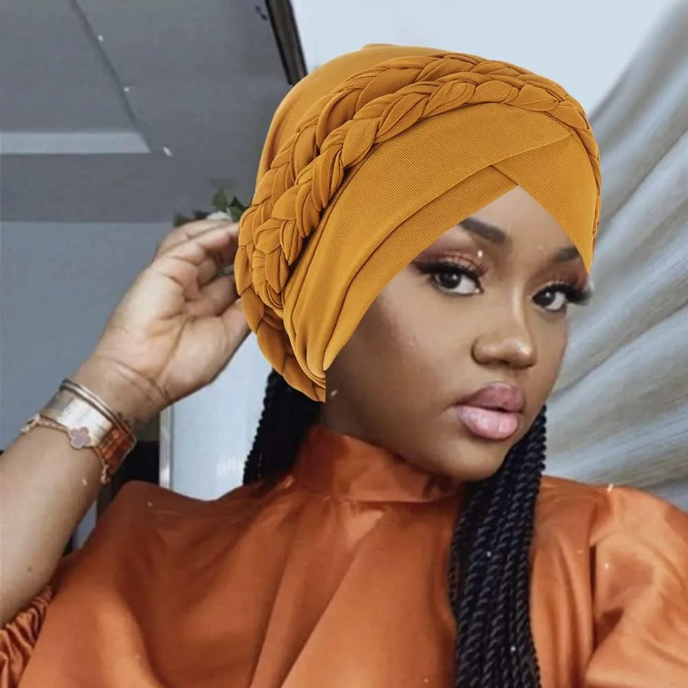 African Women Turban Caps Beanie Twist Headscarf Pre Tied Double Braid Headwrap Hat