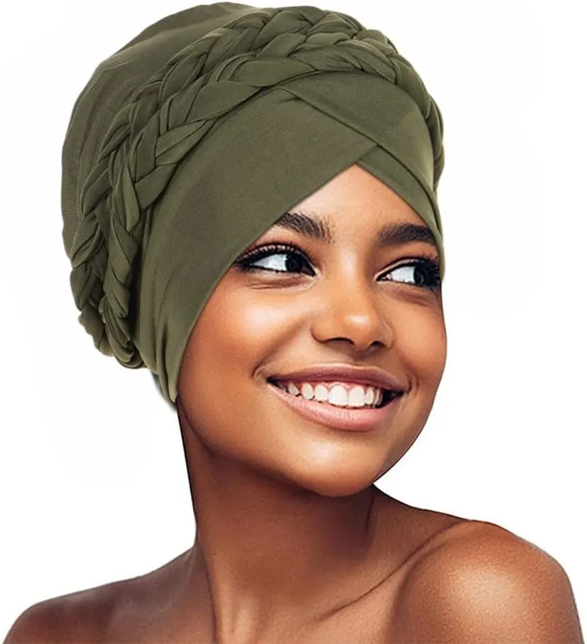 African Women Turban Caps Beanie Twist Headscarf Pre Tied Double Braid Headwrap Hat