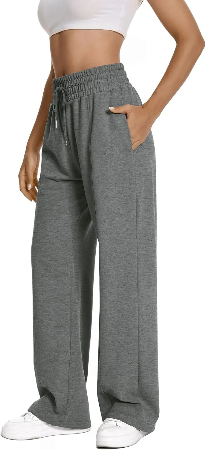 Auriviz Womens High Waisted Drawstring Sweatpants Straight Leg Pants Side Hidden Pockets Sweat Pants 30 Inseam