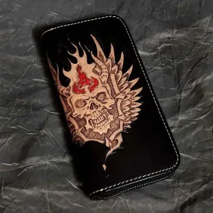 Black Leather Men's Long Biker Wallet Ghost Skull Badass Handmade Tooled Zipper Long Wallets For Men