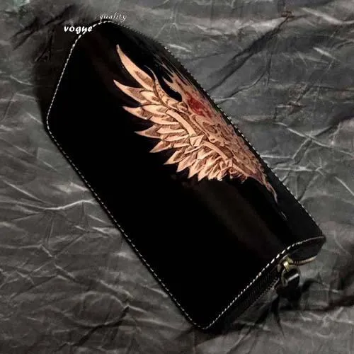 Black Leather Men's Long Biker Wallet Ghost Skull Badass Handmade Tooled Zipper Long Wallets For Men