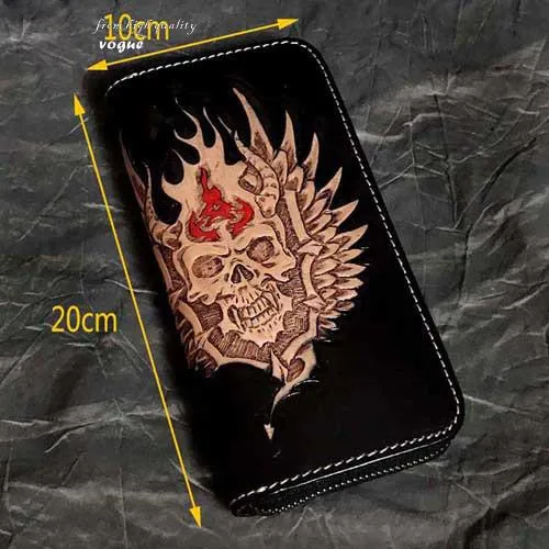 Black Leather Men's Long Biker Wallet Ghost Skull Badass Handmade Tooled Zipper Long Wallets For Men