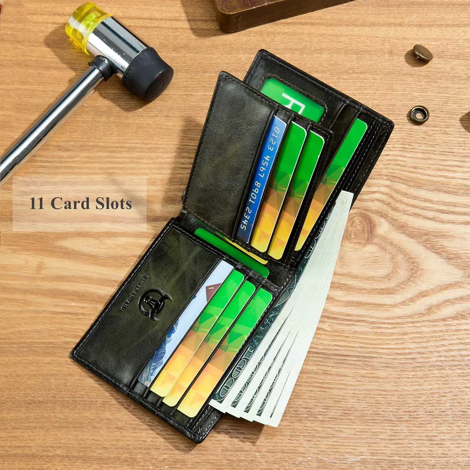 BULLCAPTAIN RFID Wallets for Men Slim Bifold Genuine Leather Front Pocket Wallet with 2 ID Windows QB-05Forest Green