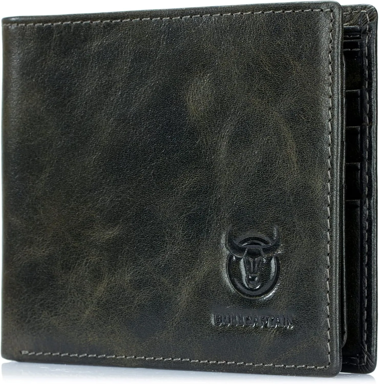 BULLCAPTAIN RFID Wallets for Men Slim Bifold Genuine Leather Front Pocket Wallet with 2 ID Windows QB-05Forest Green