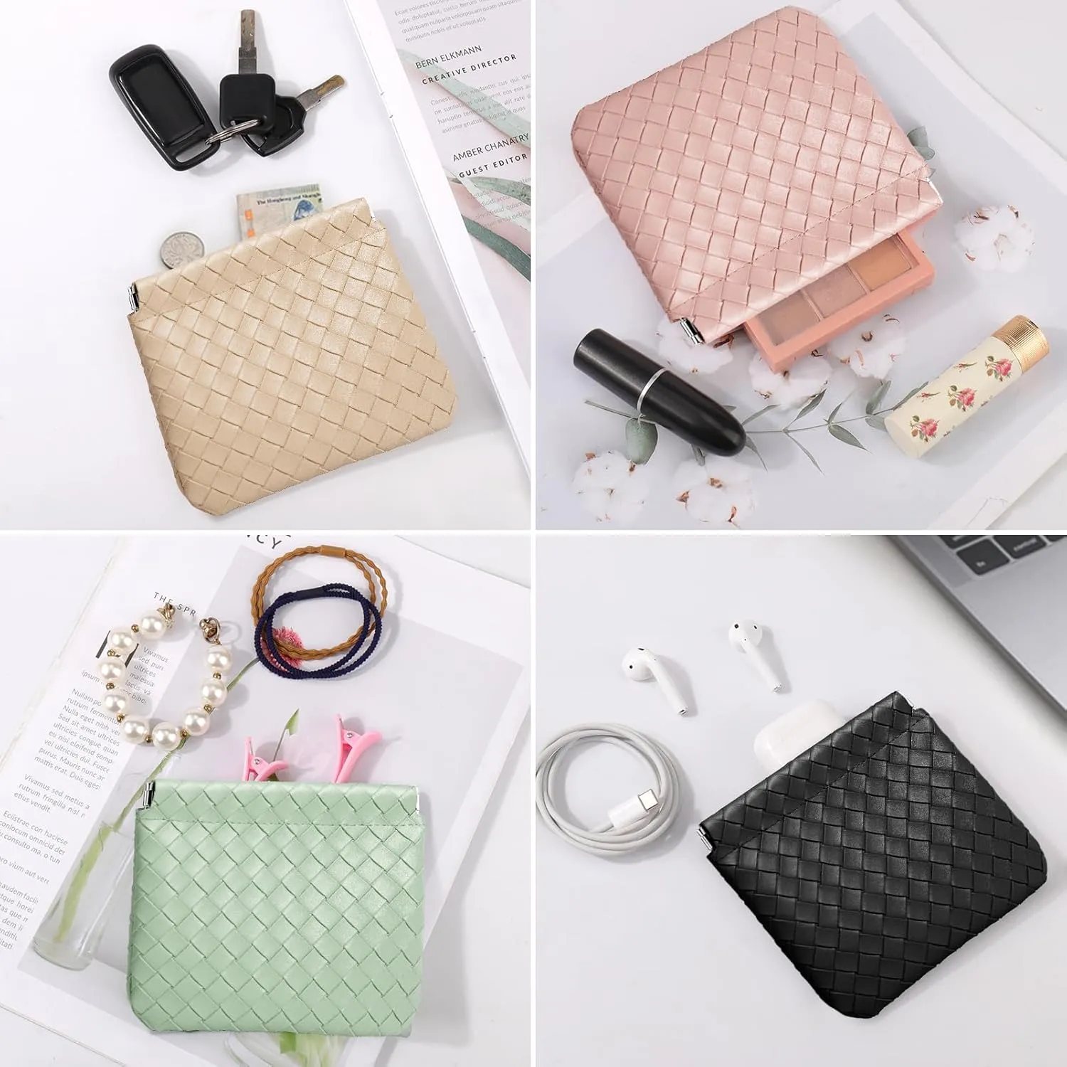 BUSOHA 4 PCS Small Makeup Bag for Purse, Mini Portable Cosmetic Bags for Women, Weave Coin Purse Lipstick Cosmetic Accessories Organizer, Small Travel Kit Storage Pouch