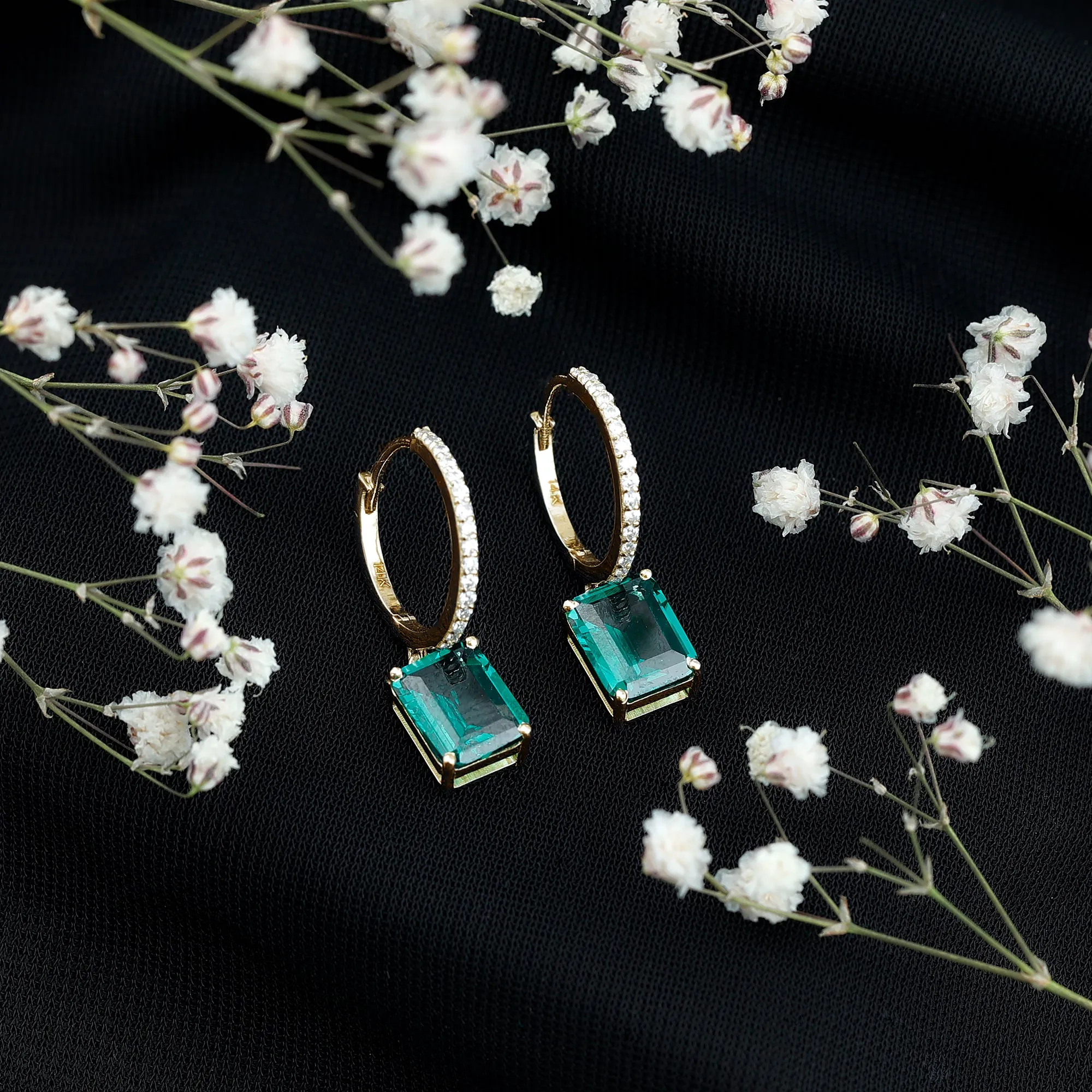 Certified Created Emerald Hoop Drop Earrings