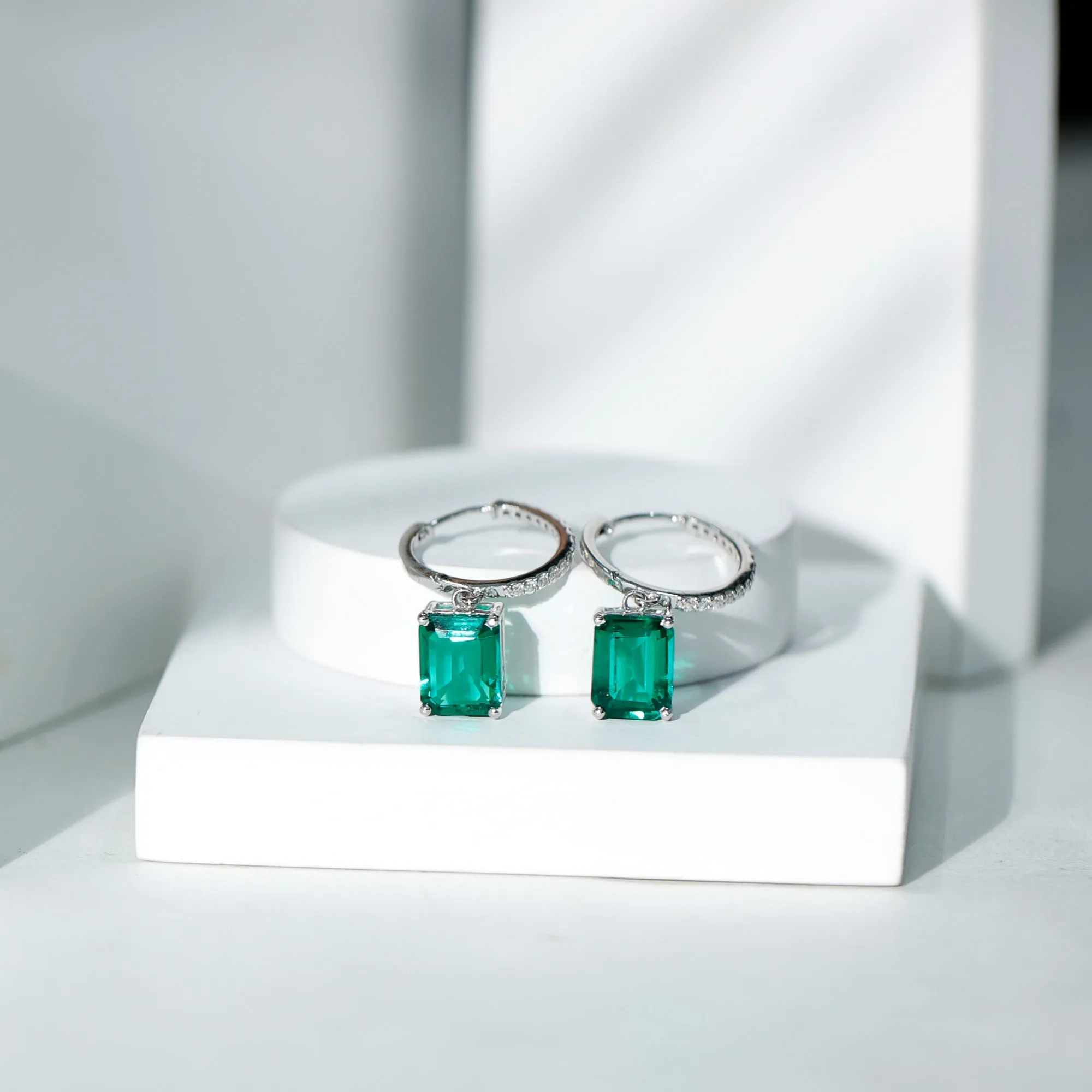 Certified Created Emerald Hoop Drop Earrings