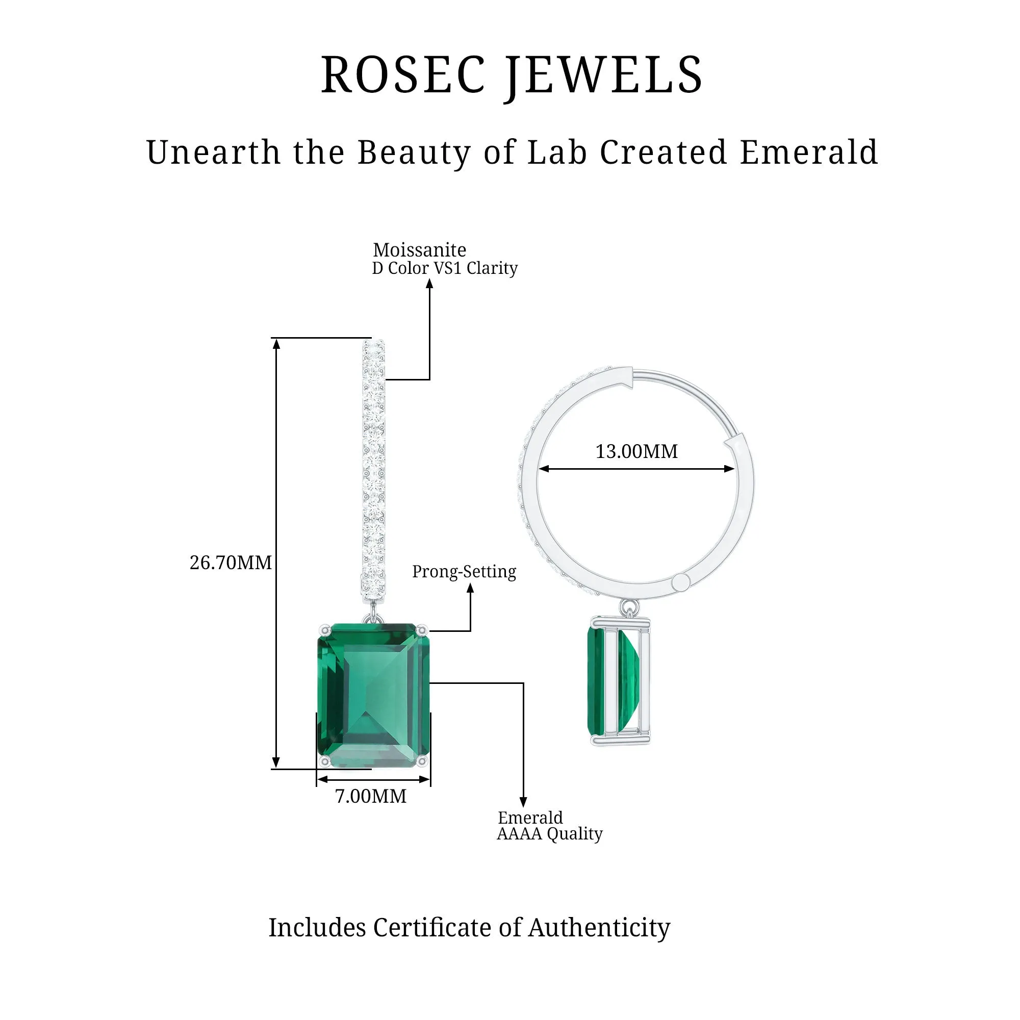 Certified Created Emerald Hoop Drop Earrings