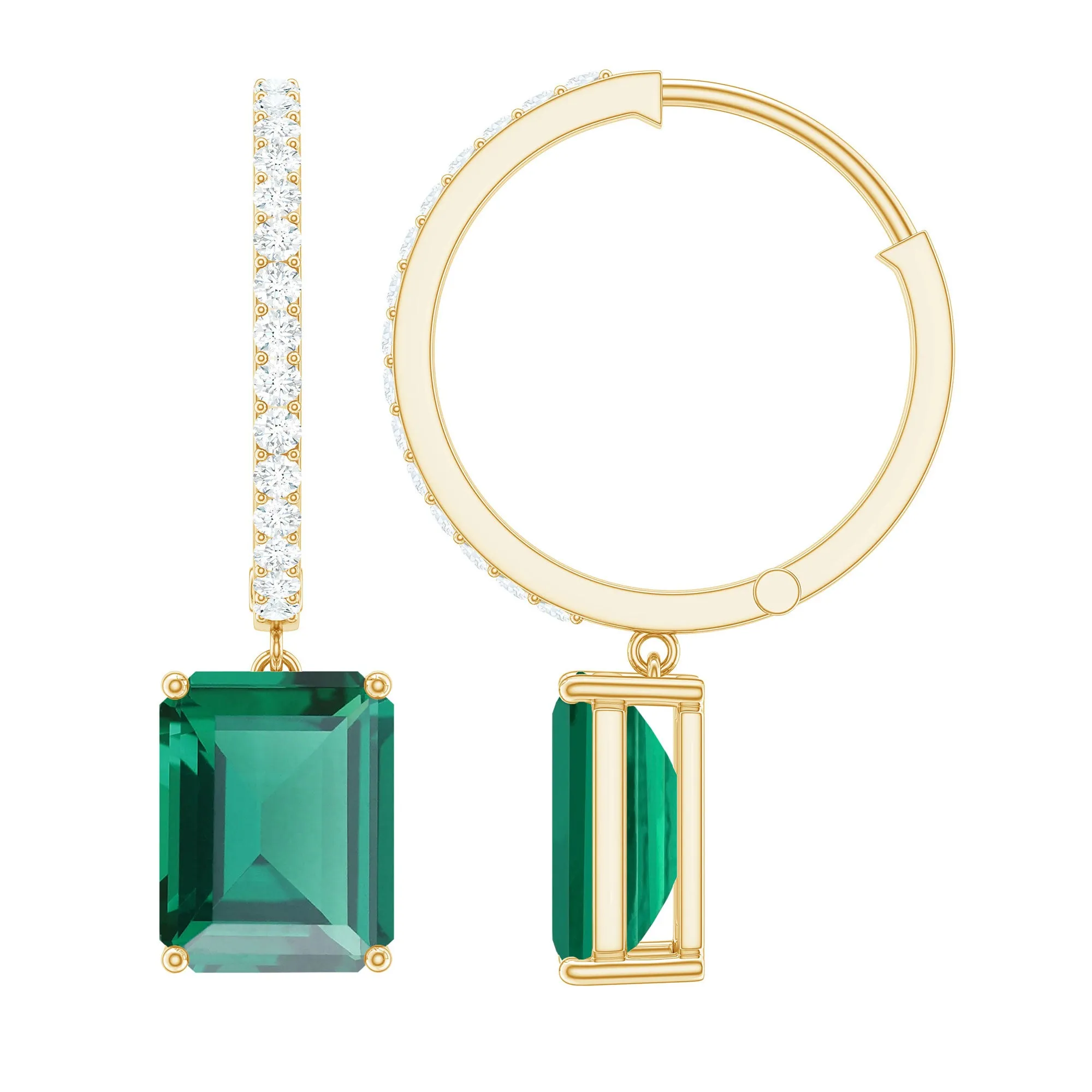 Certified Created Emerald Hoop Drop Earrings