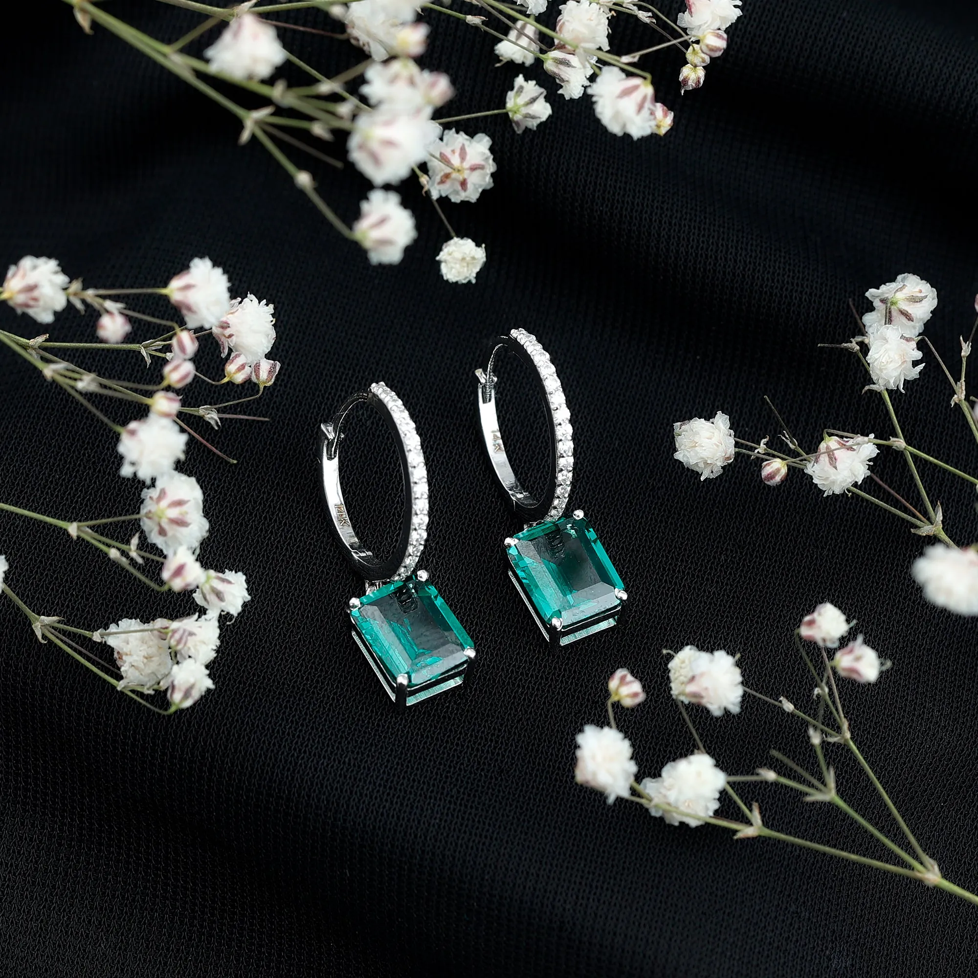 Certified Created Emerald Hoop Drop Earrings