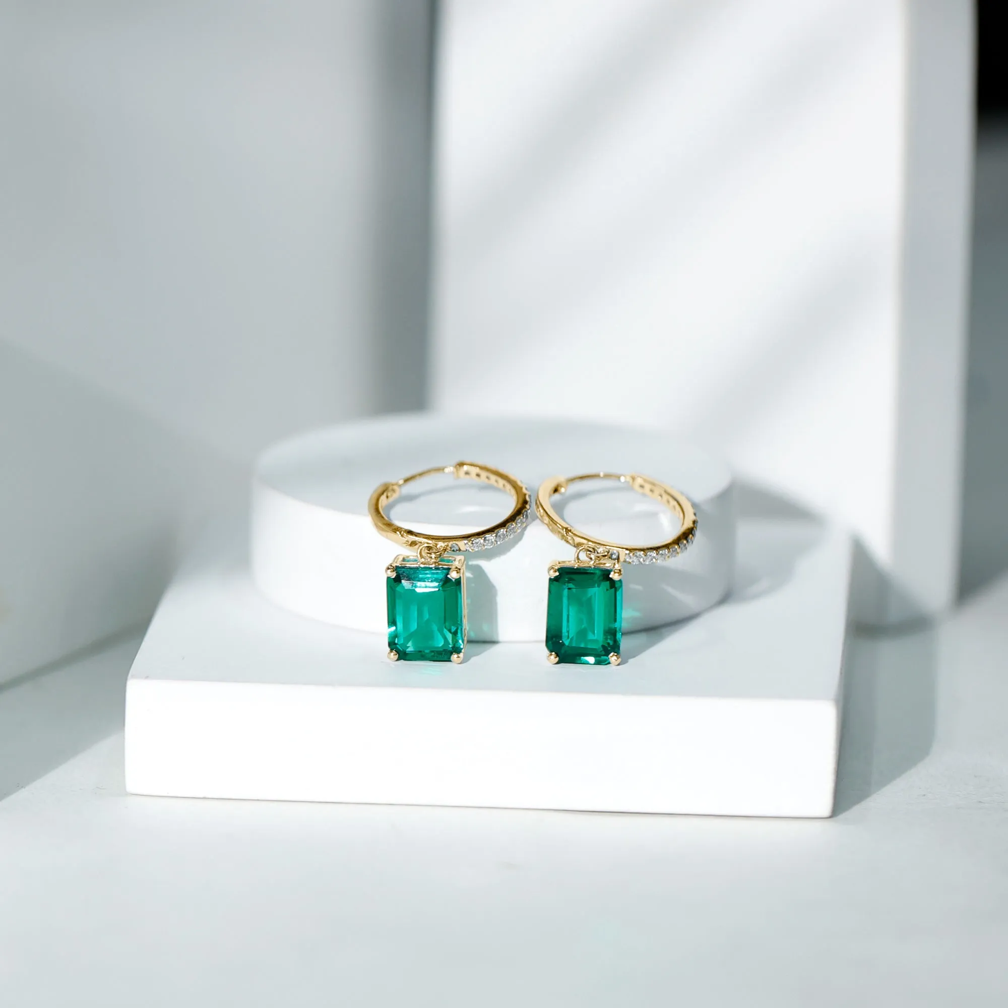 Certified Created Emerald Hoop Drop Earrings