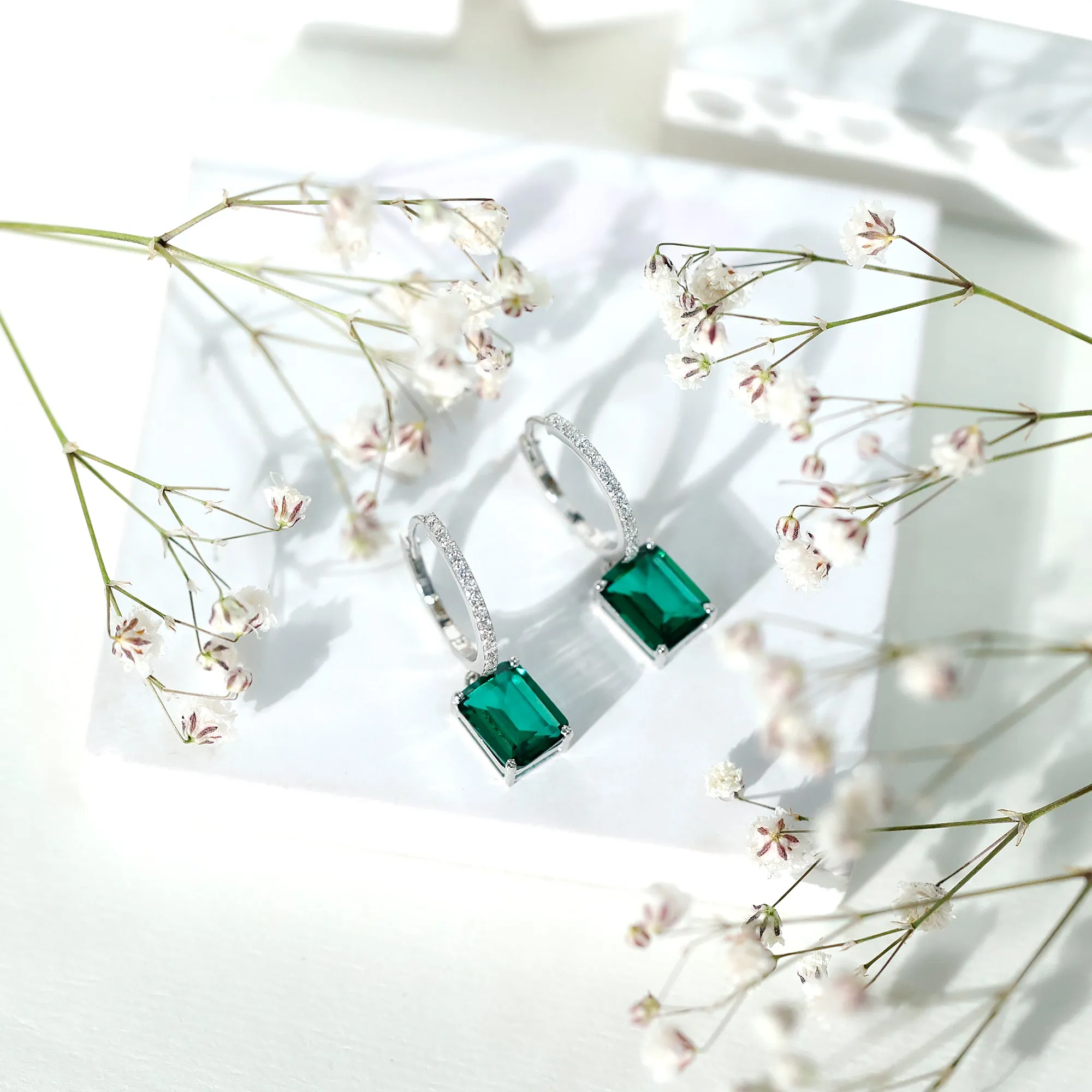 Certified Created Emerald Hoop Drop Earrings