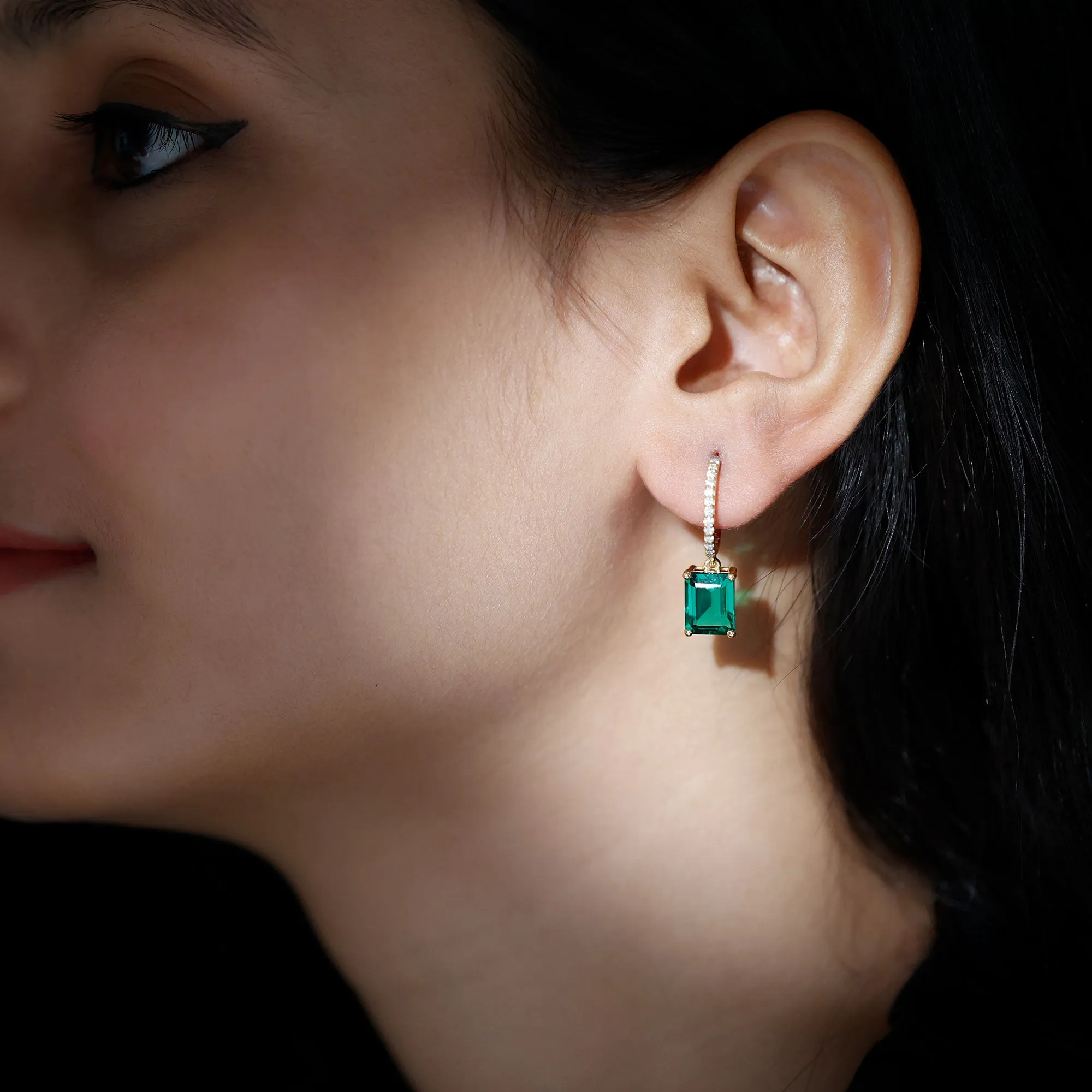 Certified Created Emerald Hoop Drop Earrings