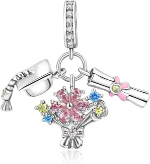 Charms Beads 925 Sterling Silver Flower safety chains Mom Heart Graduation Dangle Pendant with 5A Cubic fits for Charms Bracelets for Woman Mother's Day Christmas Birthday Gift