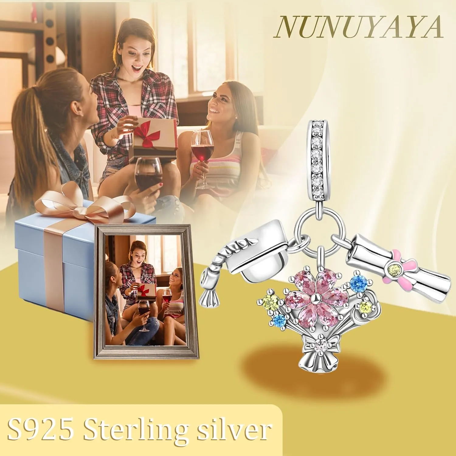 Charms Beads 925 Sterling Silver Flower safety chains Mom Heart Graduation Dangle Pendant with 5A Cubic fits for Charms Bracelets for Woman Mother's Day Christmas Birthday Gift