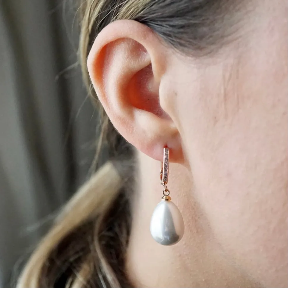 Claire X - Rose Gold Pearl Crystal Drop Earrings