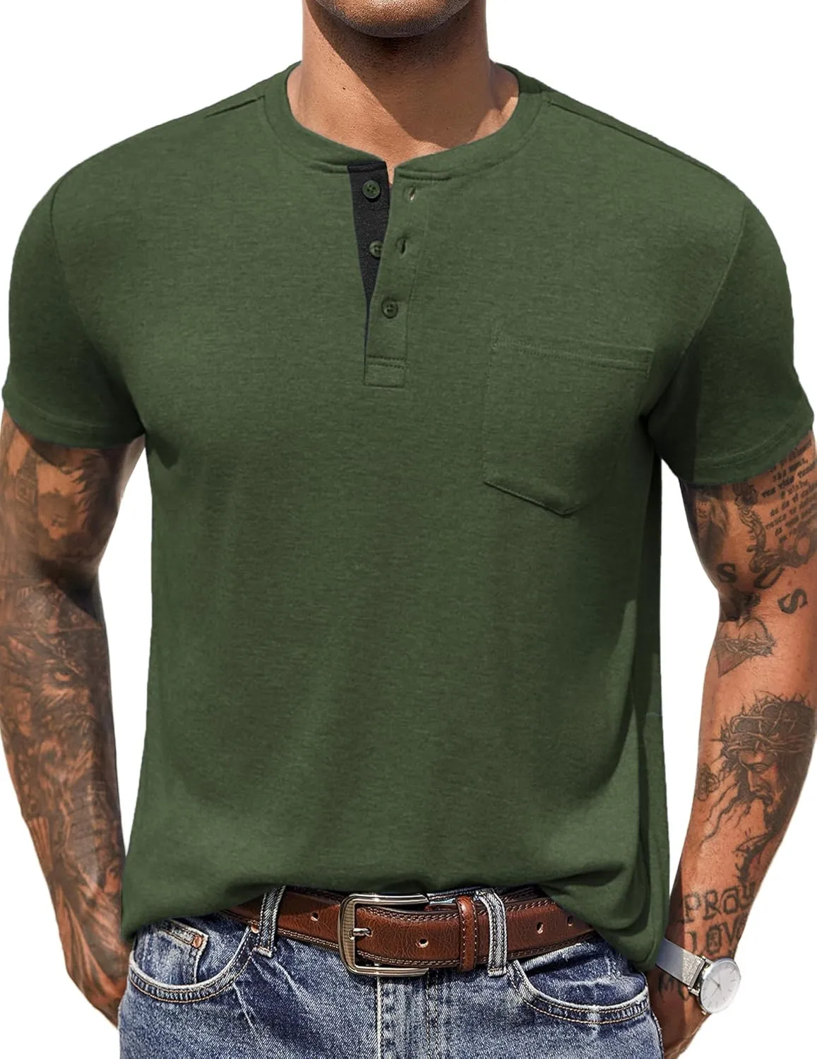 COOFANDY Men Casual Henley Shirt Short Sleeve Summer Basic T Shirt Pocket Soild Button Tee Top