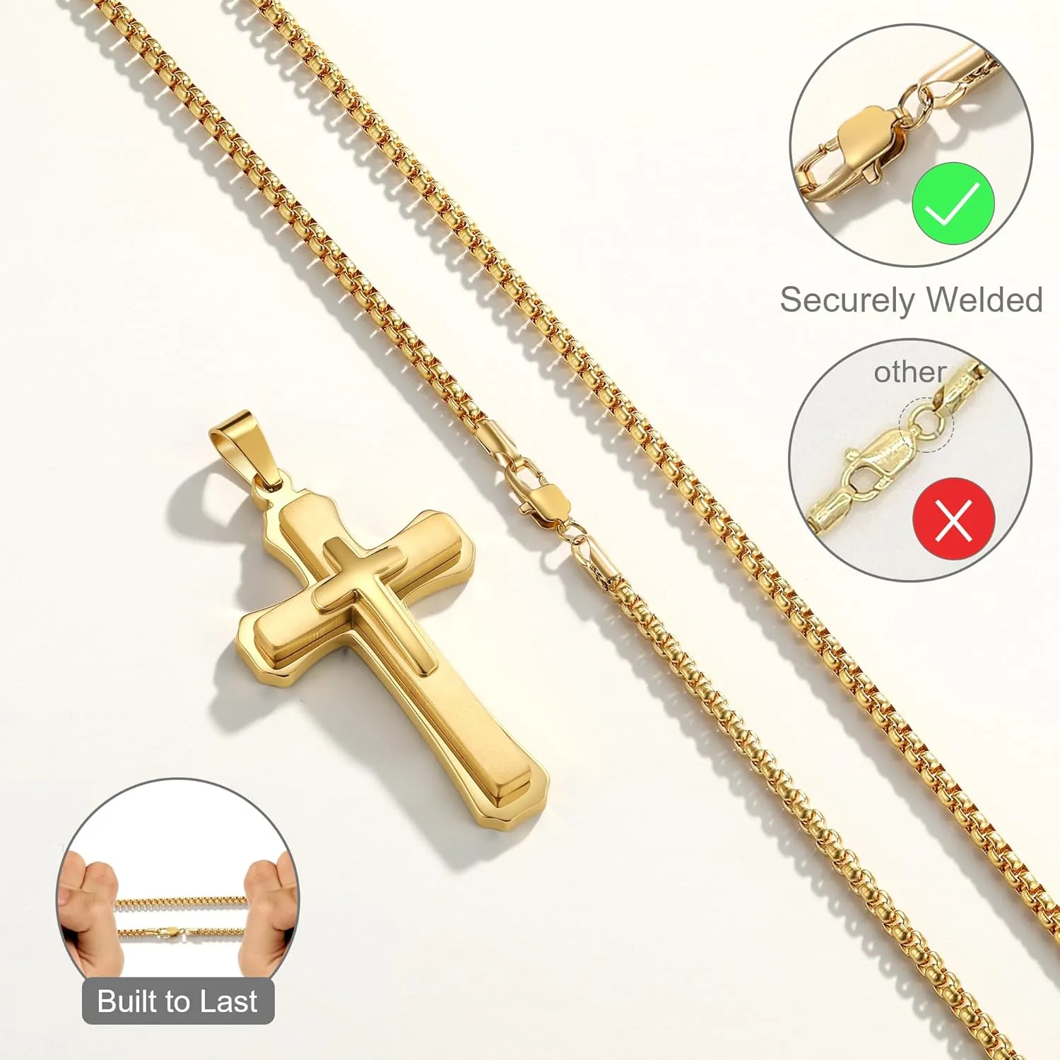 Cross Necklace for Men, Silver Gold Stainless Steel Mens Cross Chain, Cubic Zirconia Cross Pendant Necklaces Jewelry Gift Box Chain