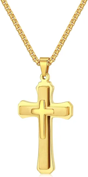 Cross Necklace for Men, Silver Gold Stainless Steel Mens Cross Chain, Cubic Zirconia Cross Pendant Necklaces Jewelry Gift Box Chain