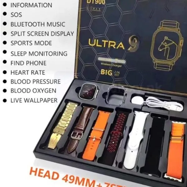 DT900 Ultra Smart Watch 49mm Display Smart Watch With 7 Straps & Crystal Case Dt 900