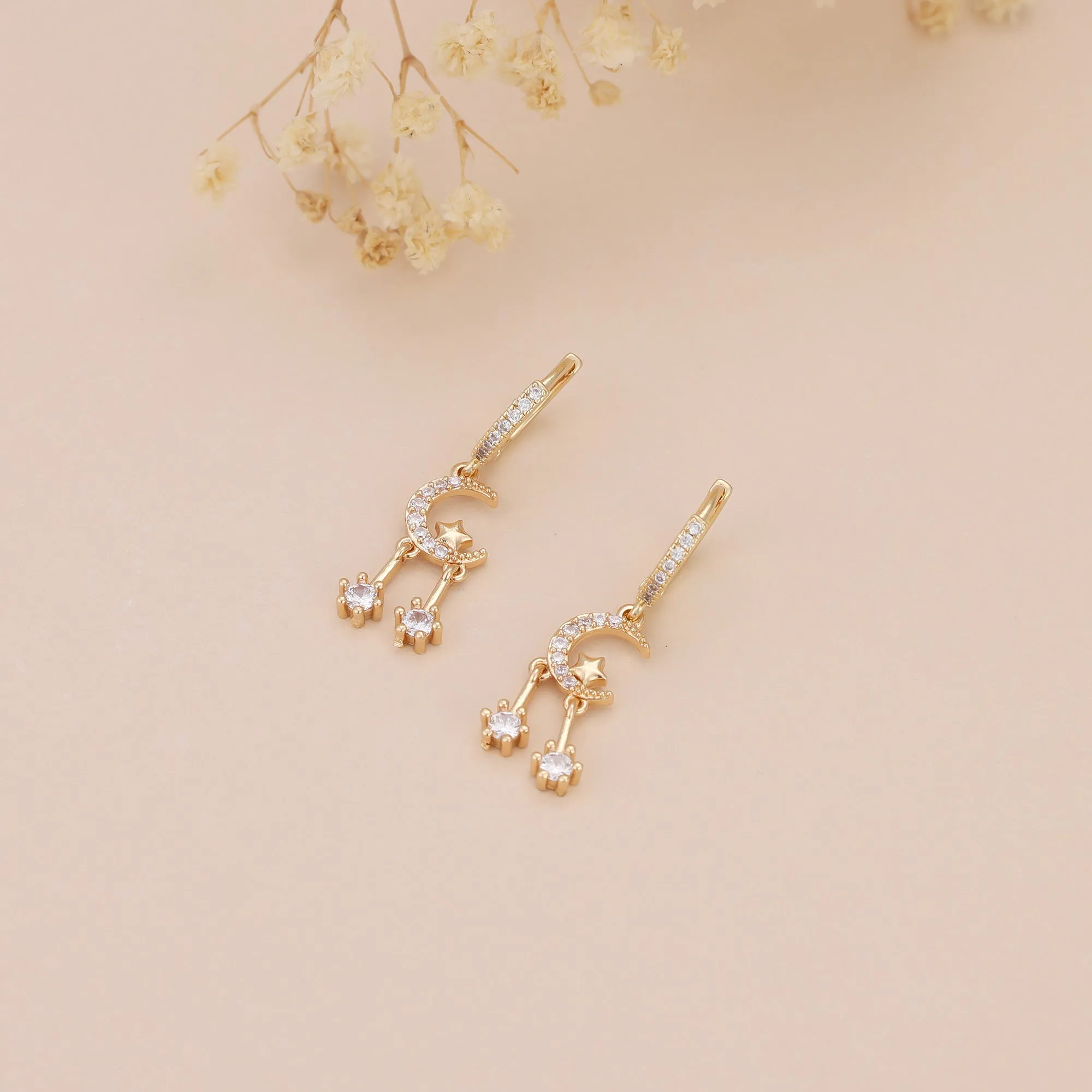E144 gold huggie hoop crystal paved moon star dangle earrings