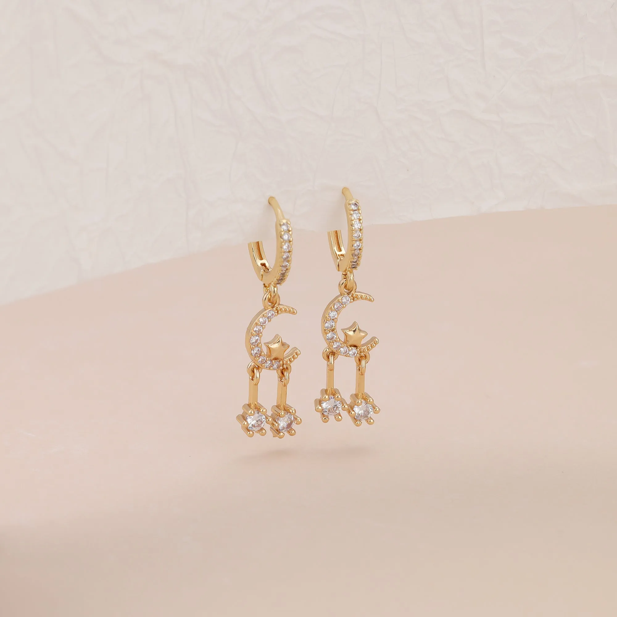 E144 gold huggie hoop crystal paved moon star dangle earrings