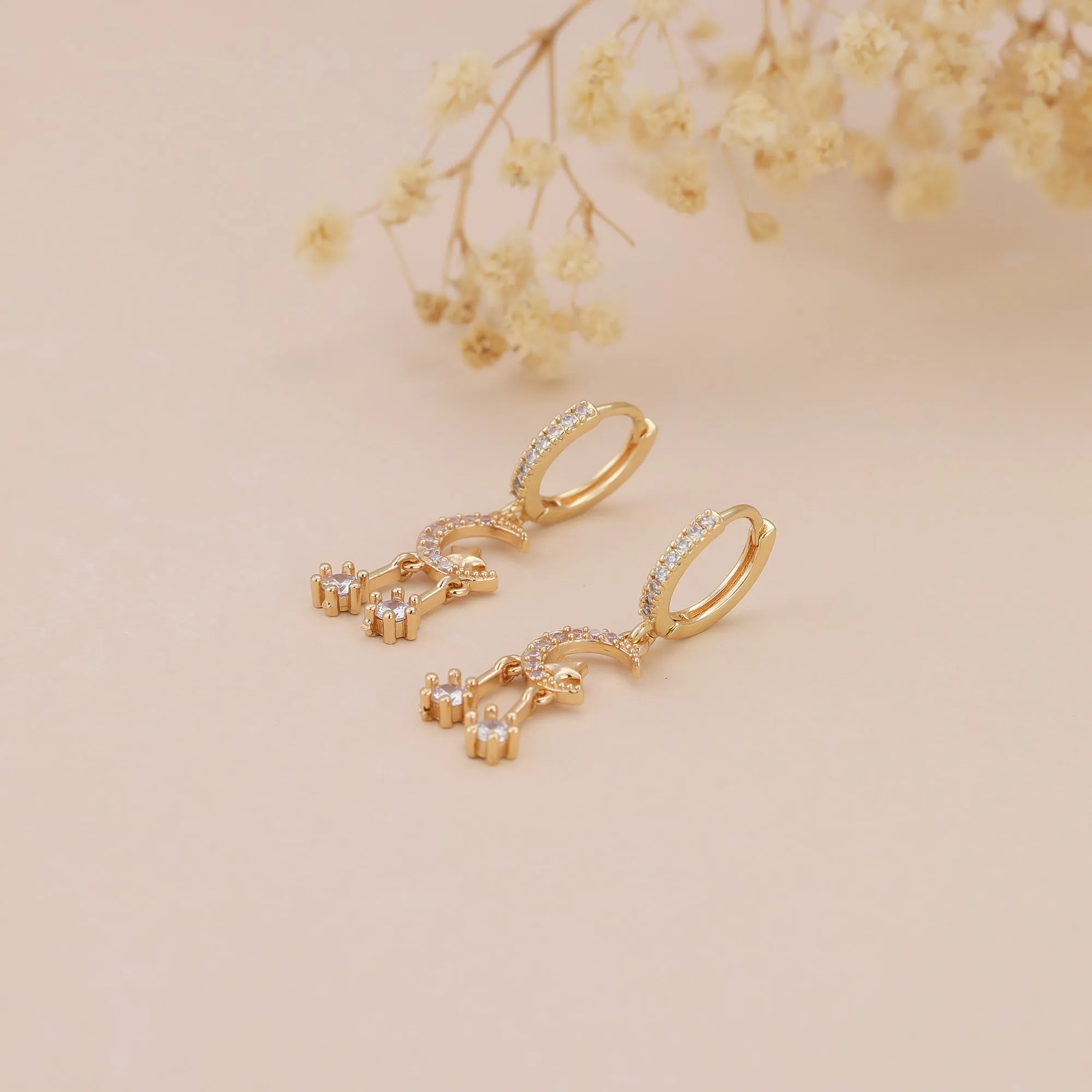 E144 gold huggie hoop crystal paved moon star dangle earrings