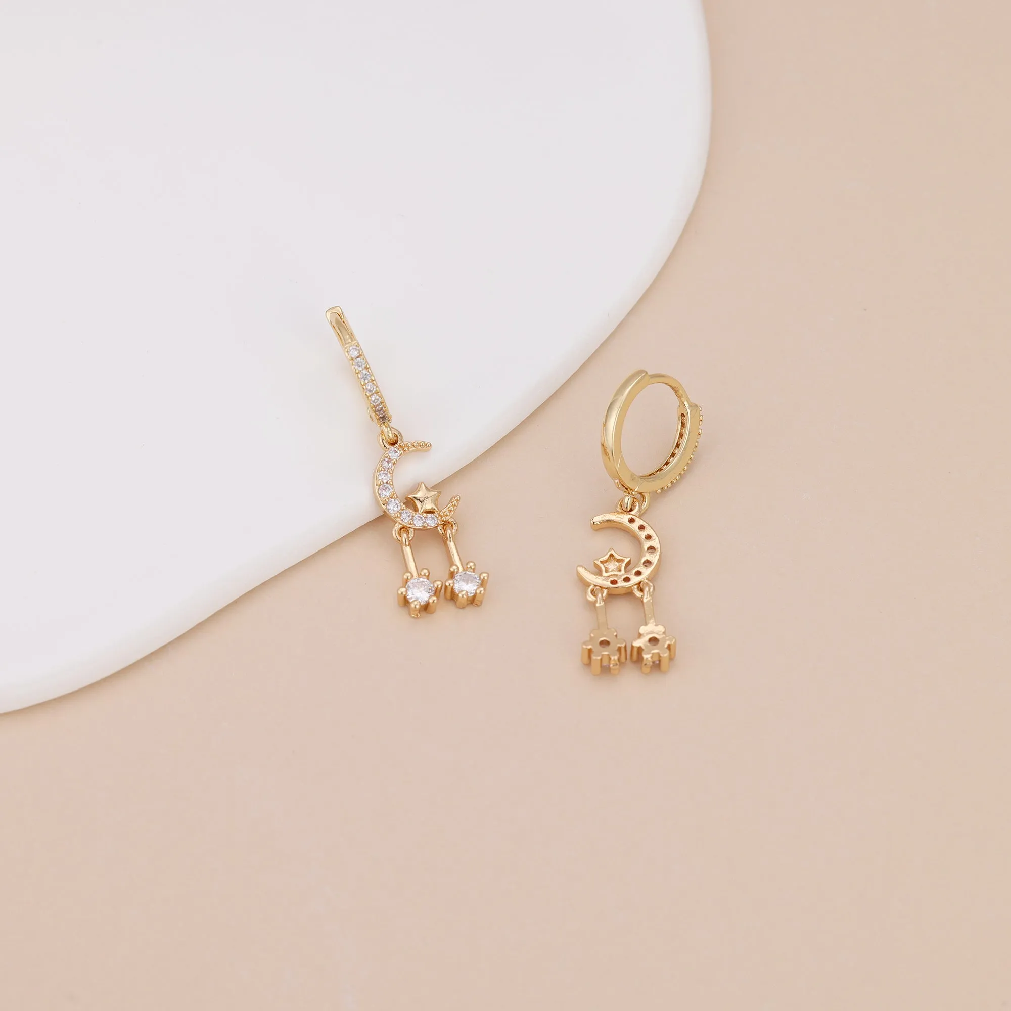 E144 gold huggie hoop crystal paved moon star dangle earrings