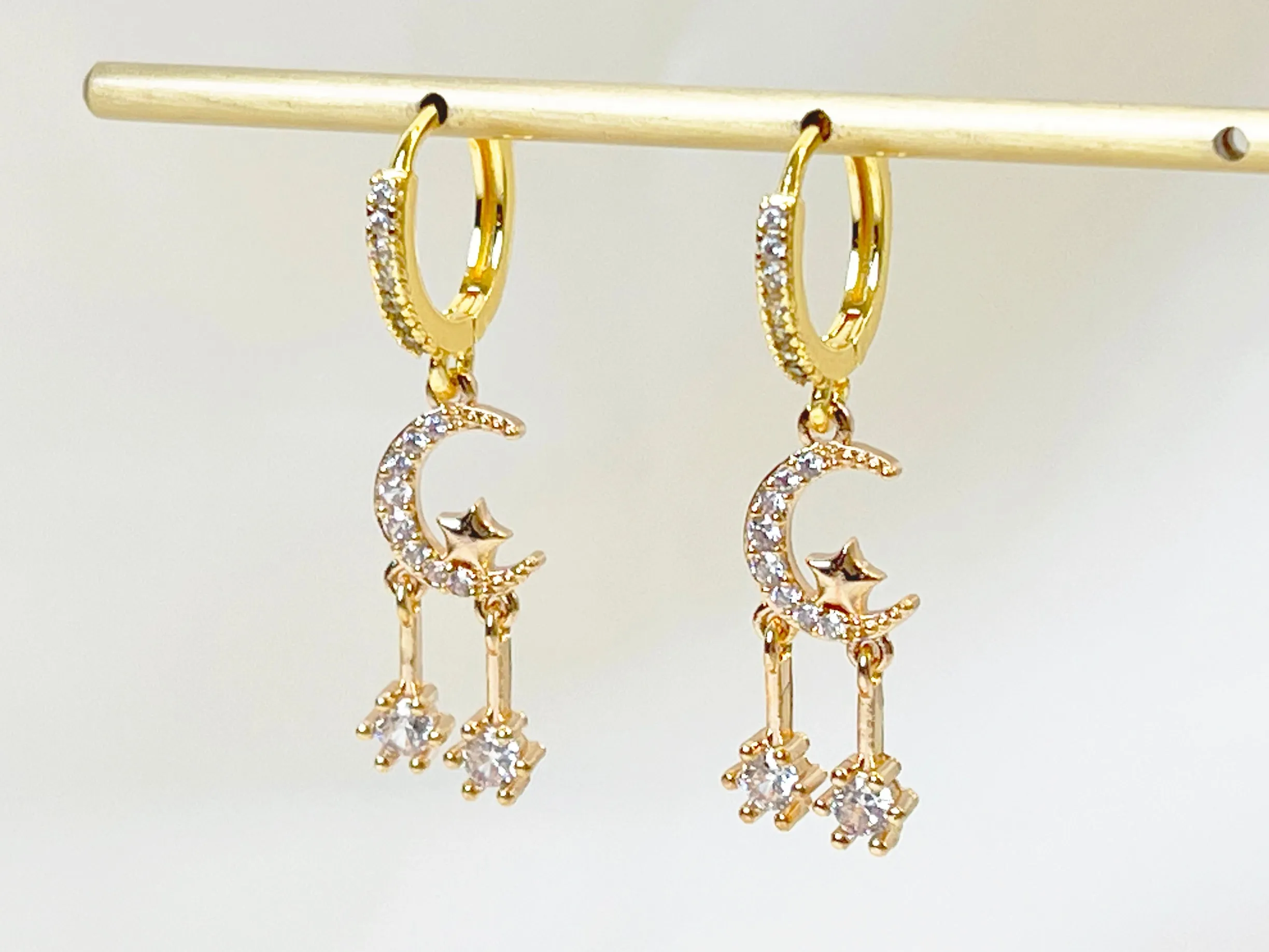 E144 gold huggie hoop crystal paved moon star dangle earrings