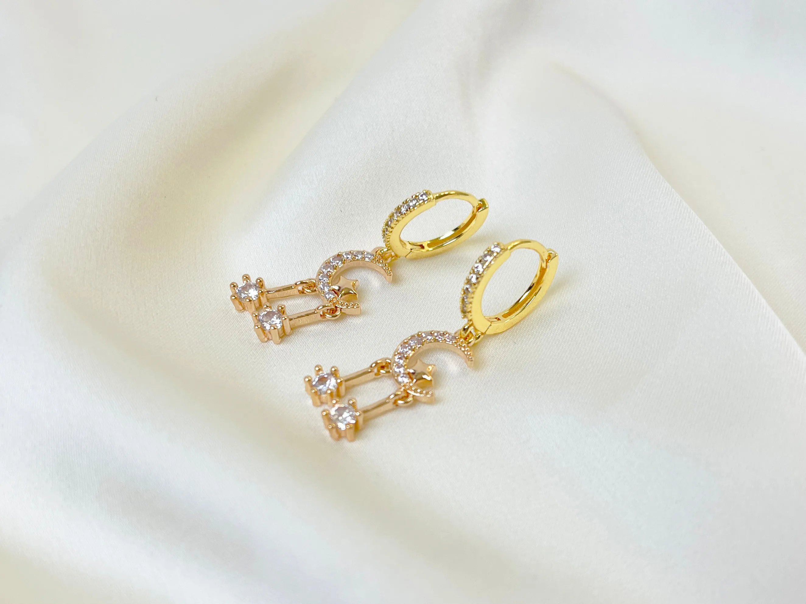 E144 gold huggie hoop crystal paved moon star dangle earrings
