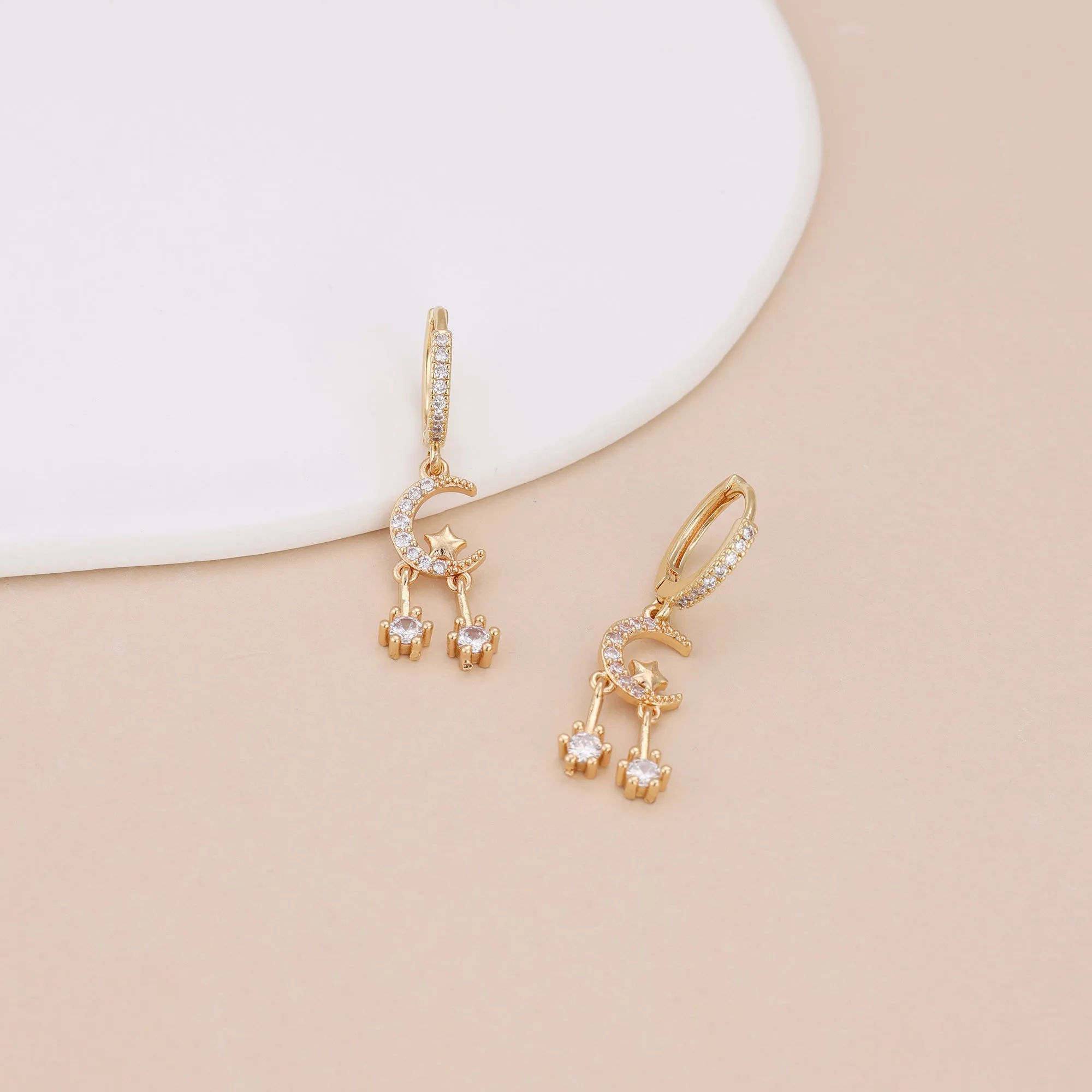 E144 gold huggie hoop crystal paved moon star dangle earrings