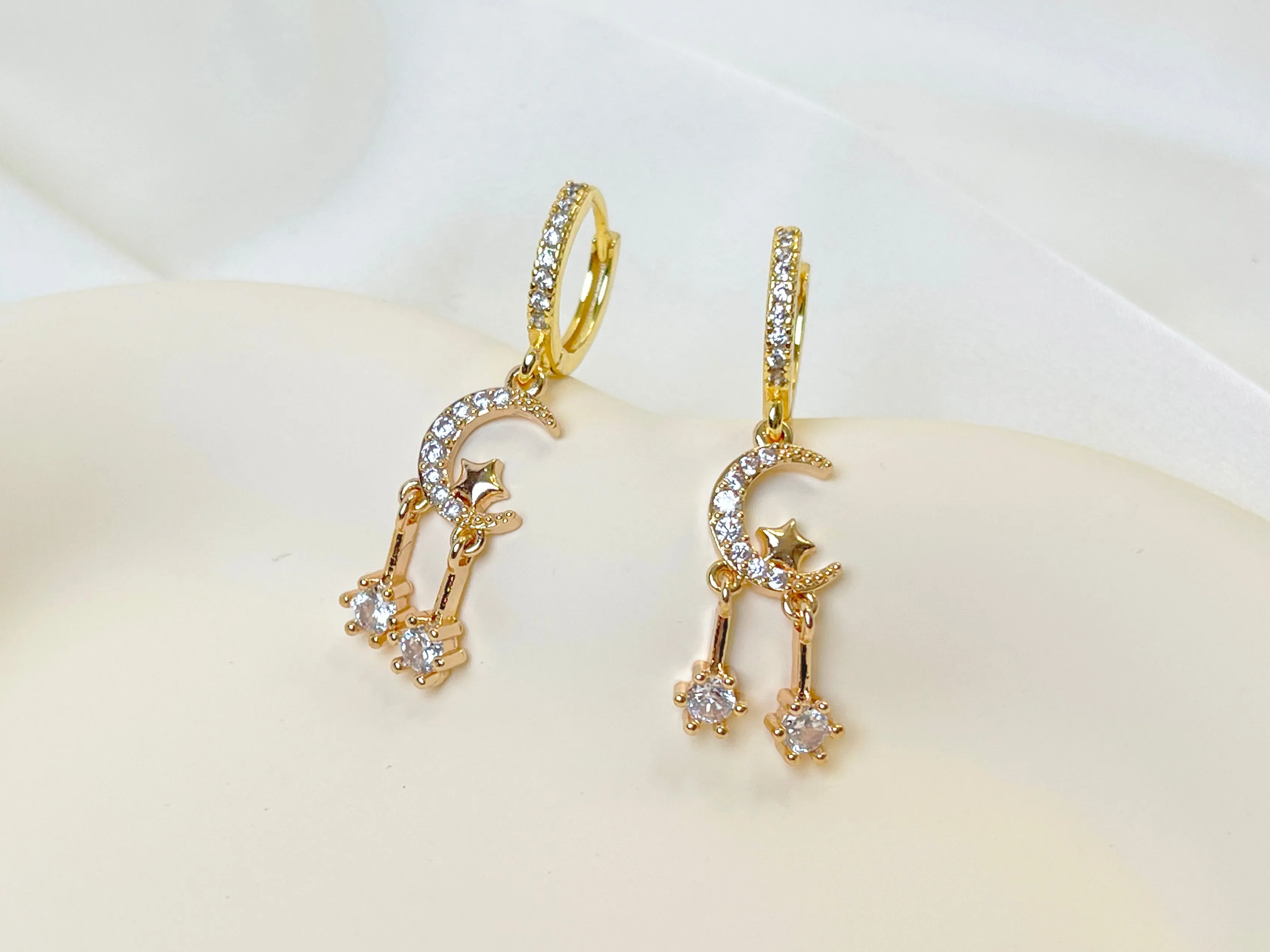 E144 gold huggie hoop crystal paved moon star dangle earrings