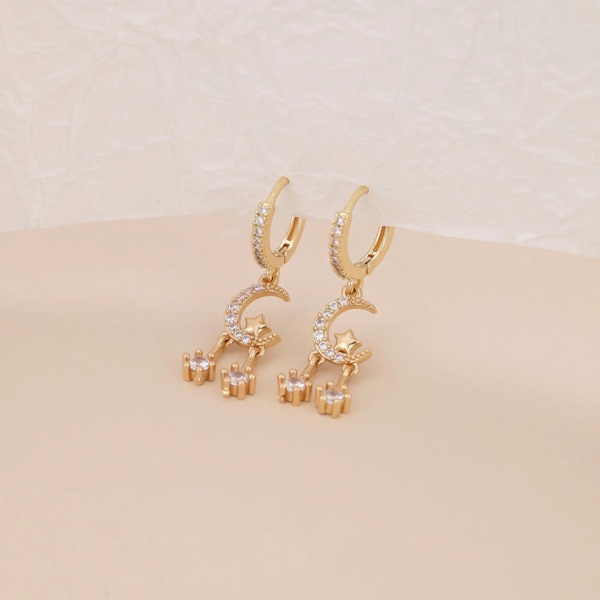 E144 gold huggie hoop crystal paved moon star dangle earrings