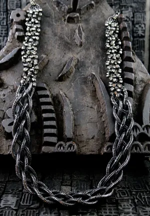 Erickson Beamon Blackened Silver Braided Chain and Crystal Necklace