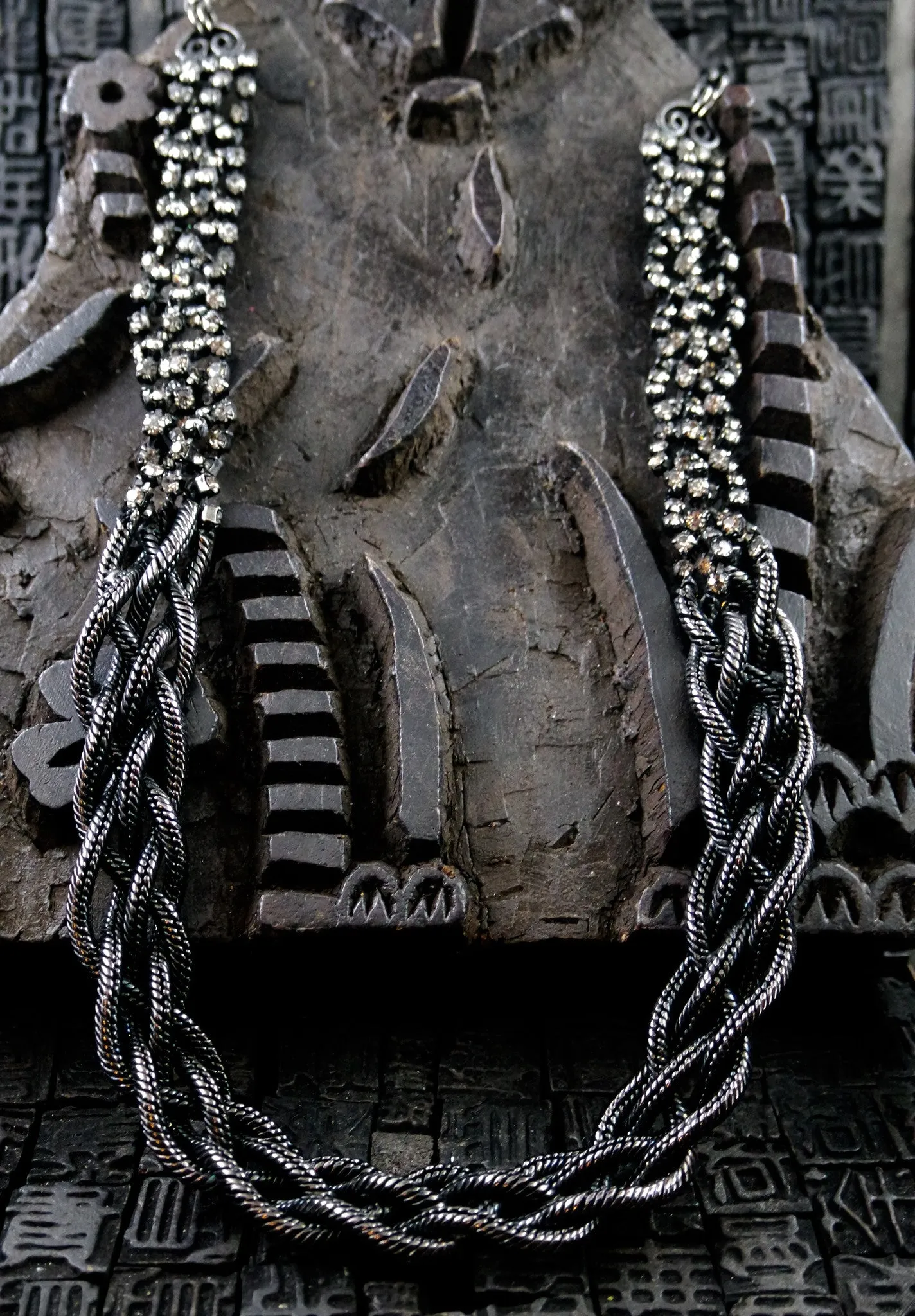Erickson Beamon Blackened Silver Braided Chain and Crystal Necklace